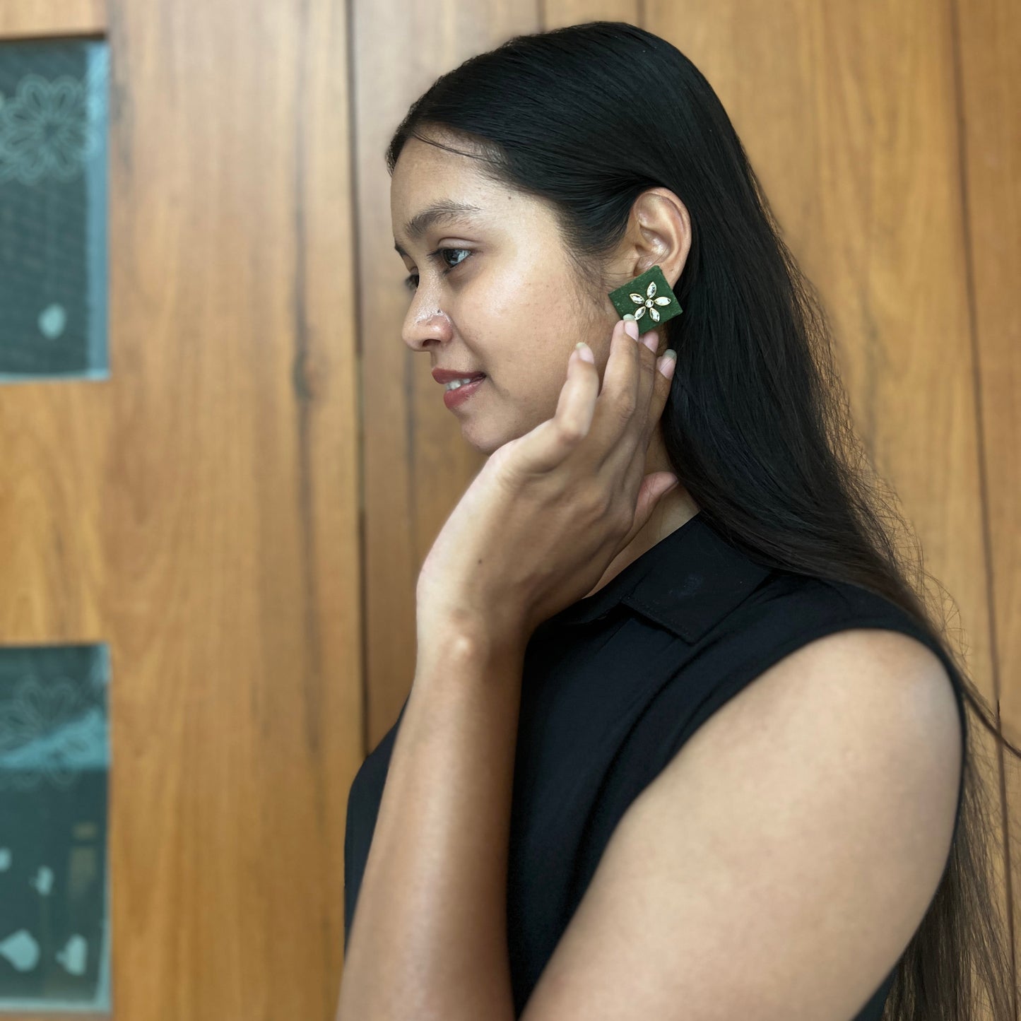 Emerald Kundan-Floral Fabric Studs