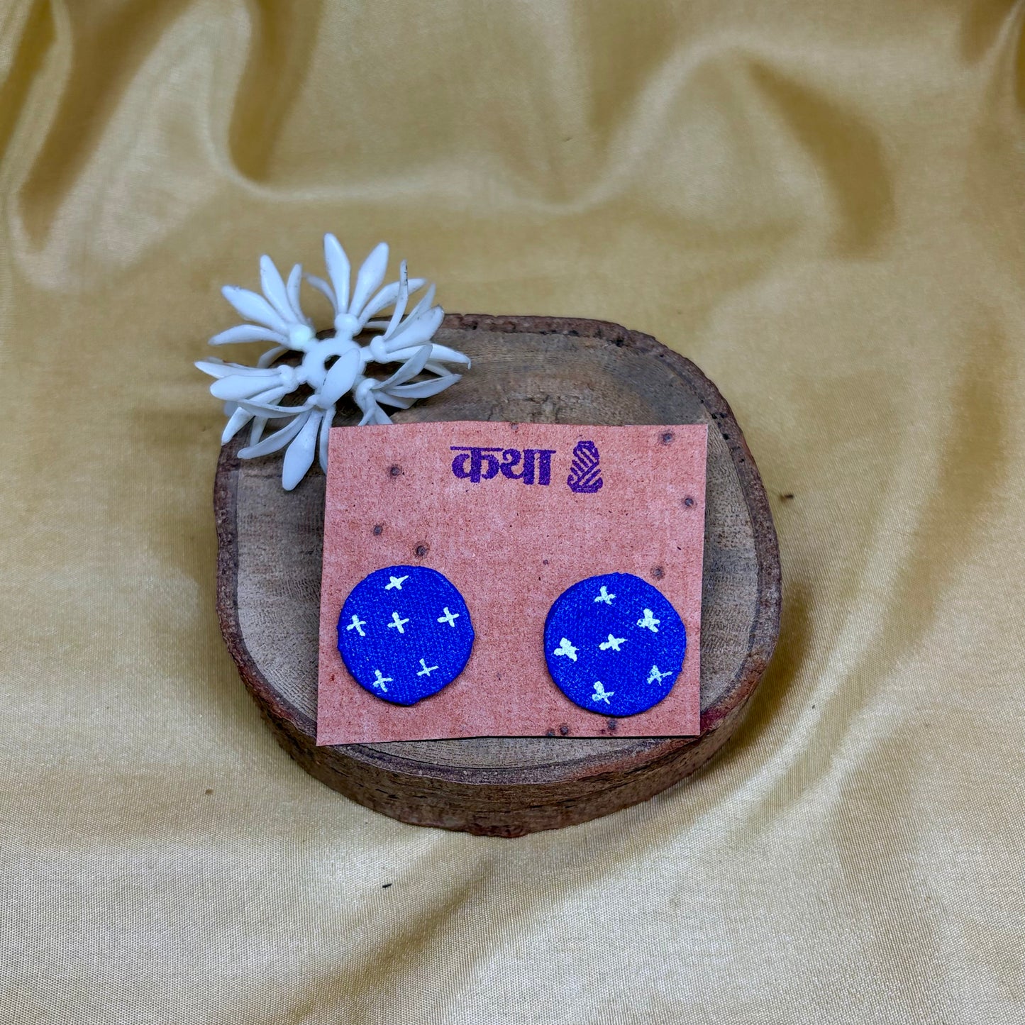 Hand-Painted Blue Cross-Stitch Style Earrings