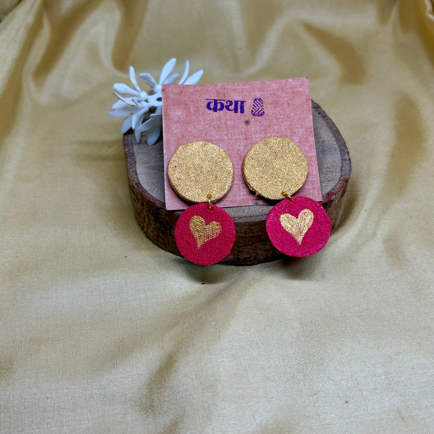 Hand-Painted Tan & Pink Heart Drop Earrings