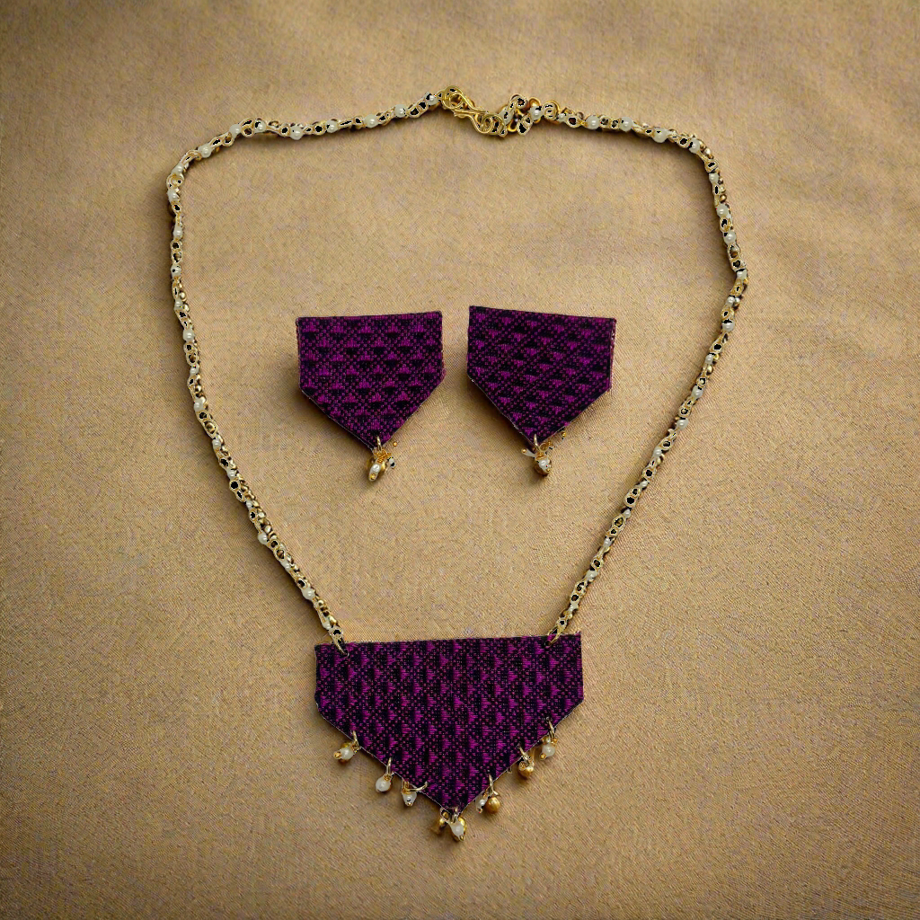 Purple patterned necklace and earrings on a white background