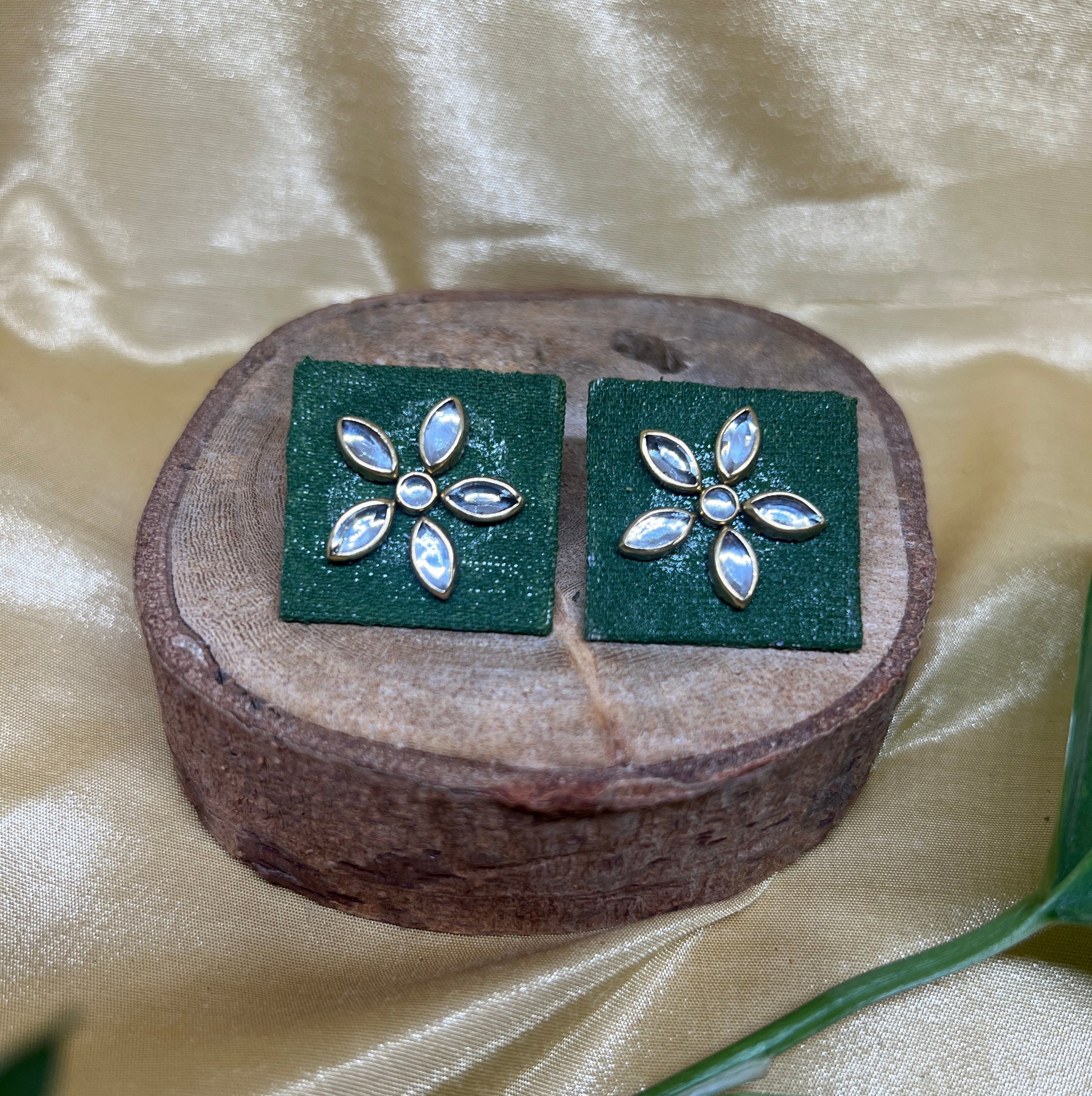 Emerald Kundan-Floral Fabric Studs