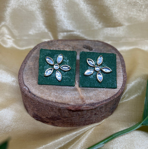 Emerald Kundan-Floral Fabric Studs