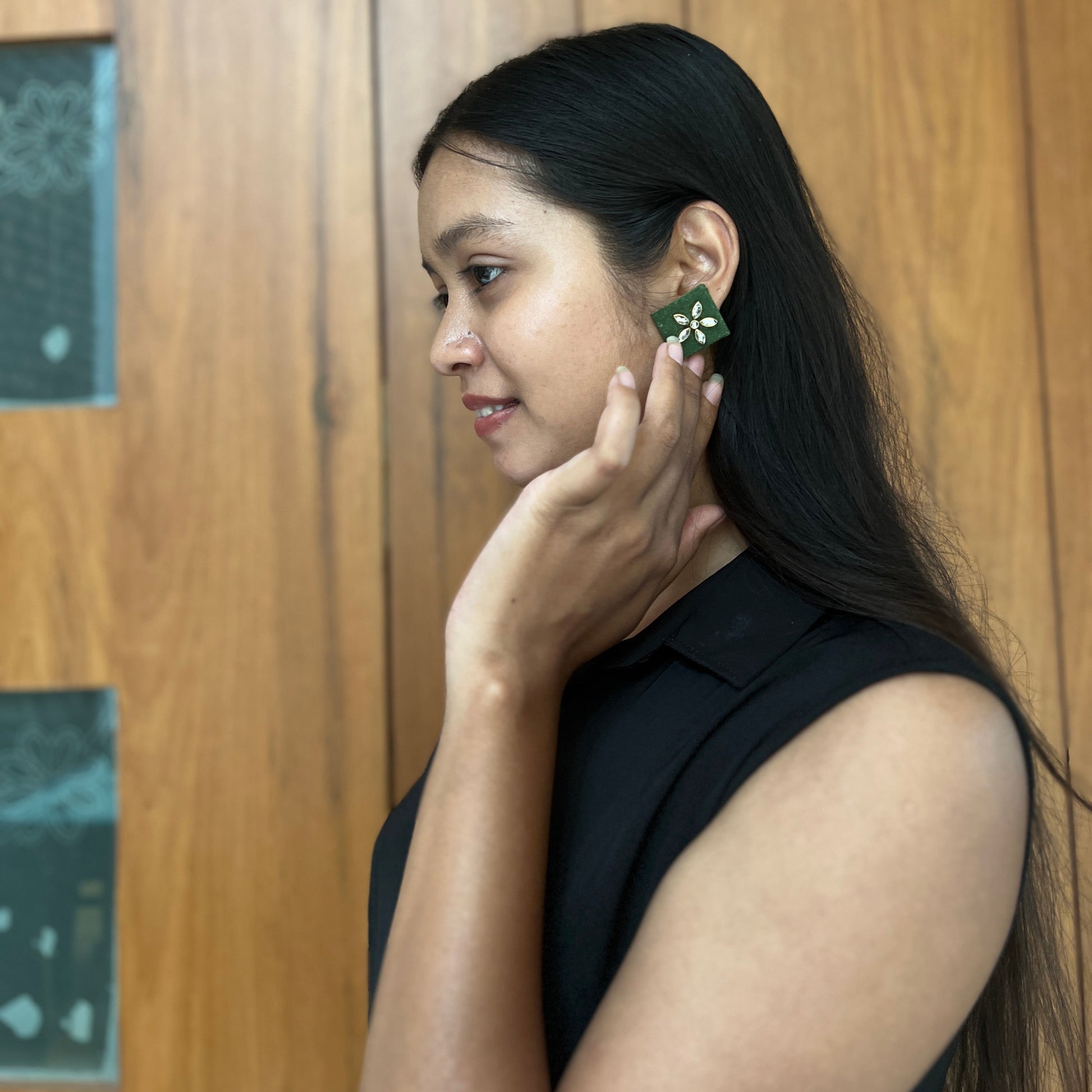 Emerald Kundan-Floral Fabric Studs