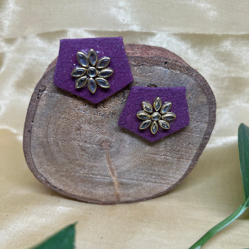 Purple Floral Kundan Fabric Earrings