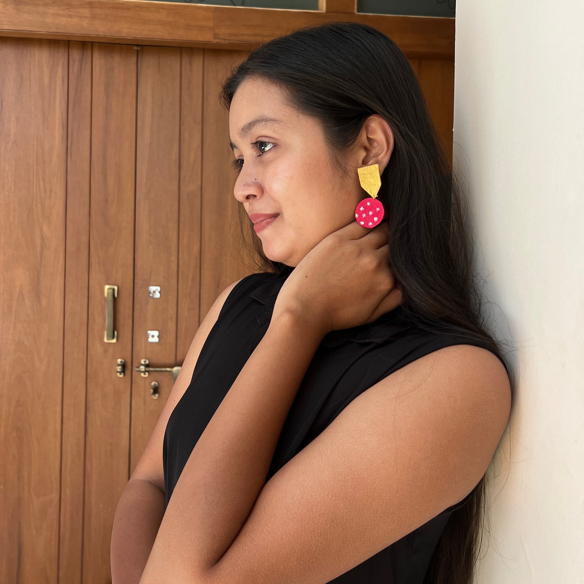 Gold & Pink double layered Fabric Earrings