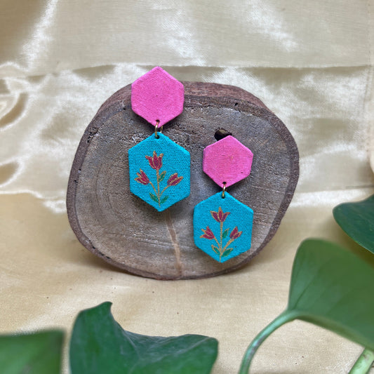 Aqua-Pink Hexagon Hand-Painted Fabric Earrings