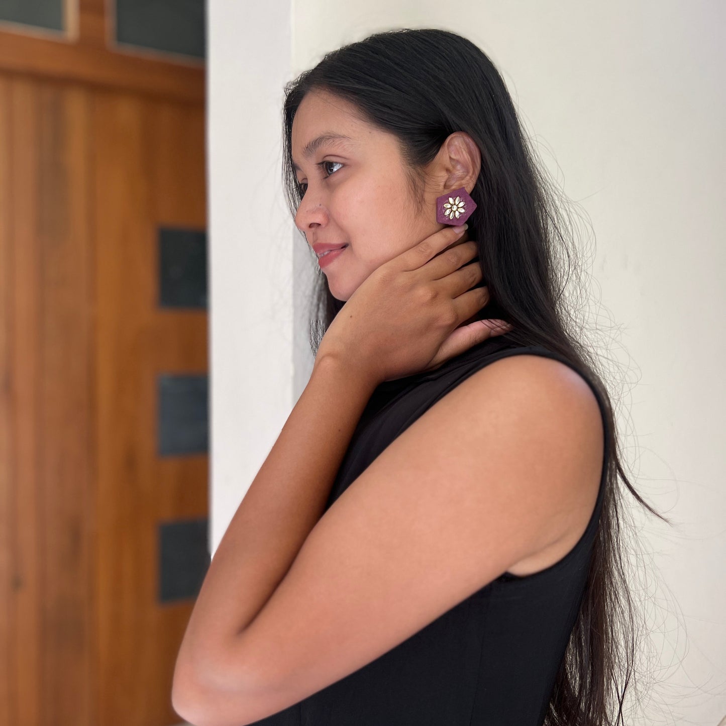 Purple Floral Kundan Fabric Earrings