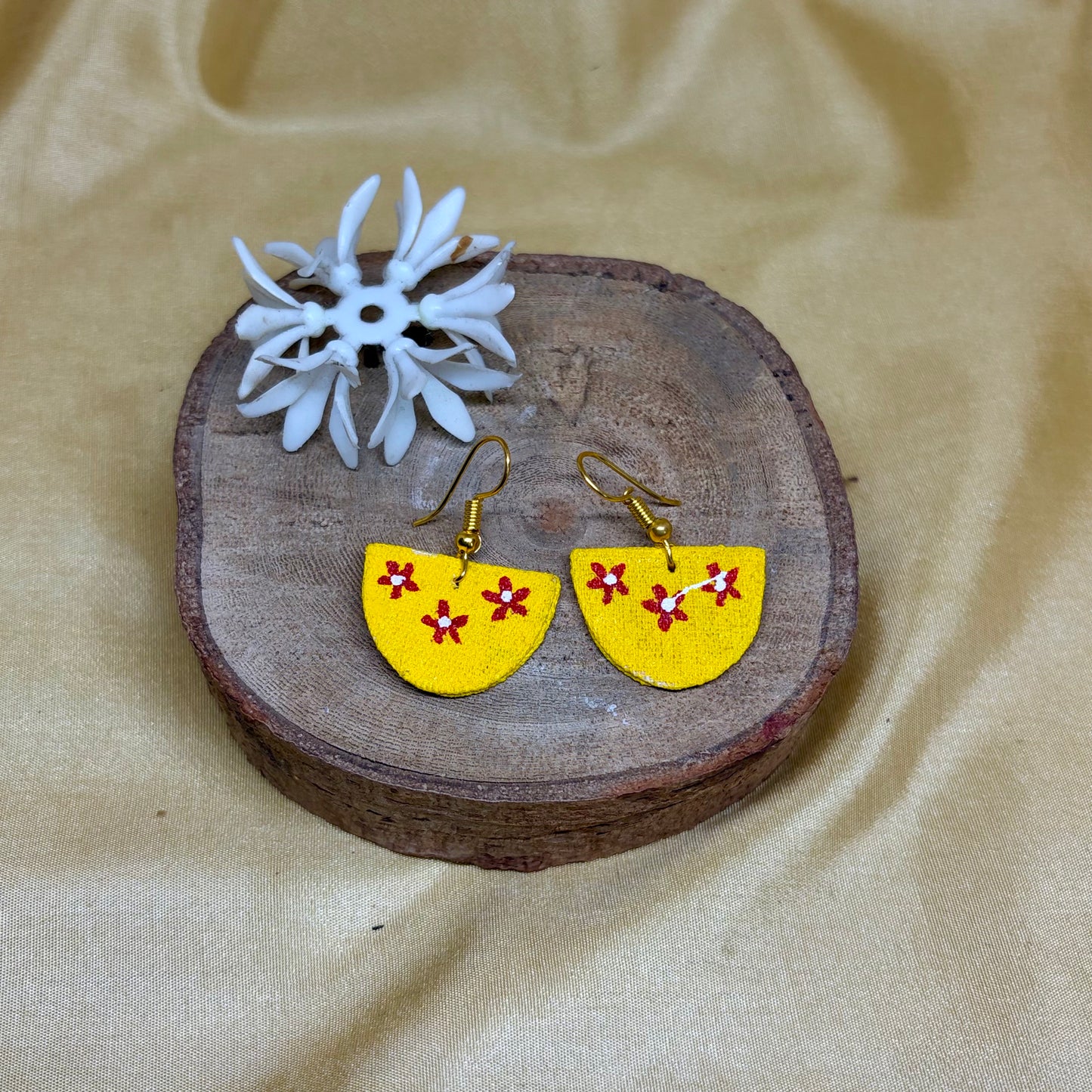 Hand-Painted Yellow Floral Half-Moon Earrings