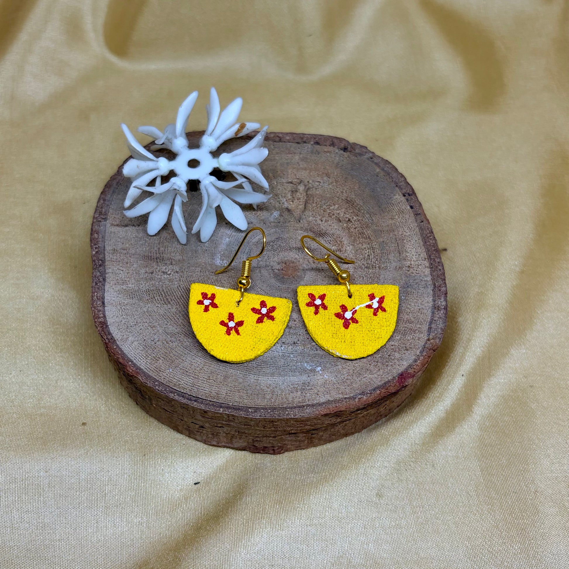 Hand-Painted Yellow Floral Half-Moon Earrings