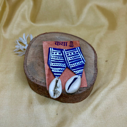 Hand-Painted Blue Stripe & Shell Earrings