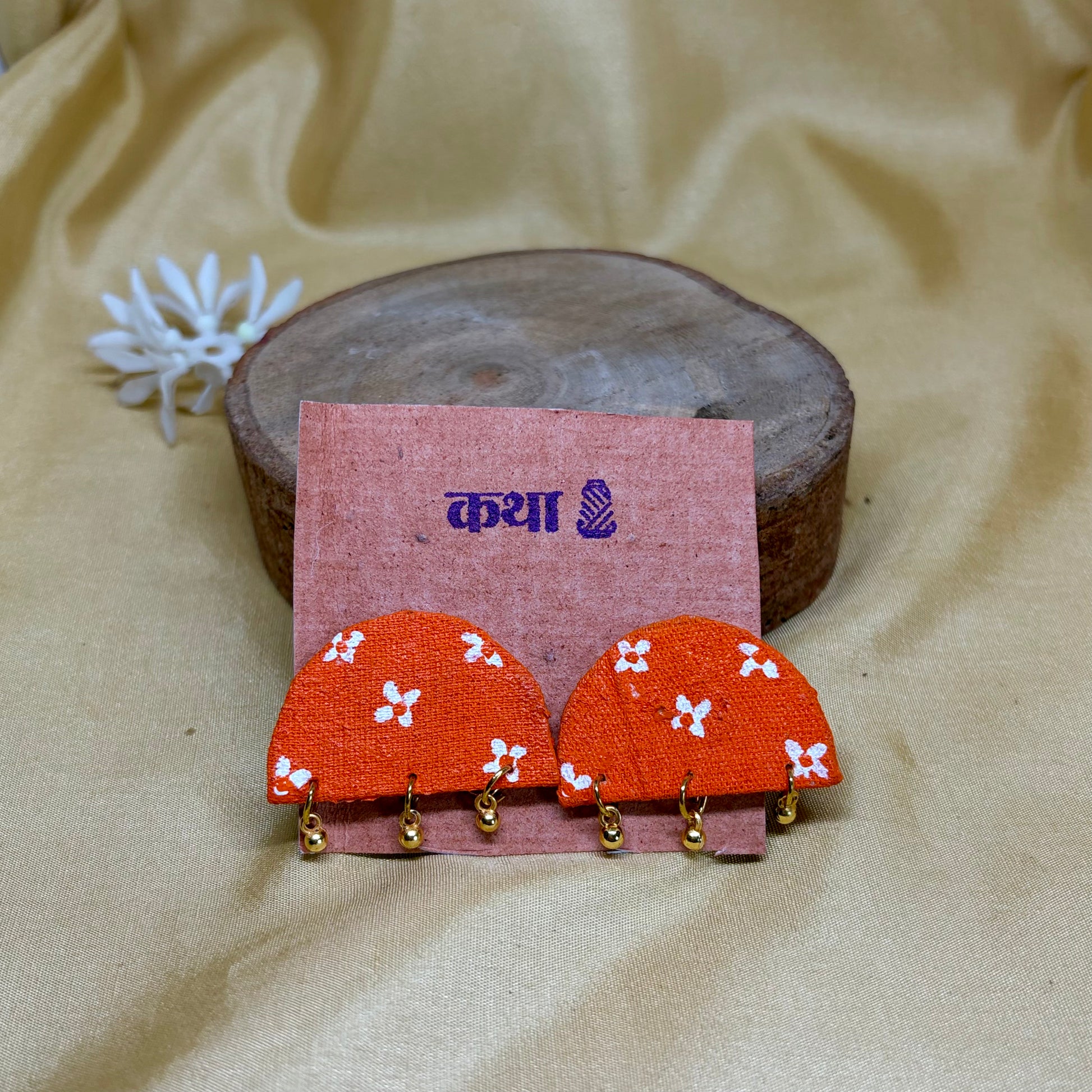 Hand-Painted Orange Floral Half-Moon Earrings