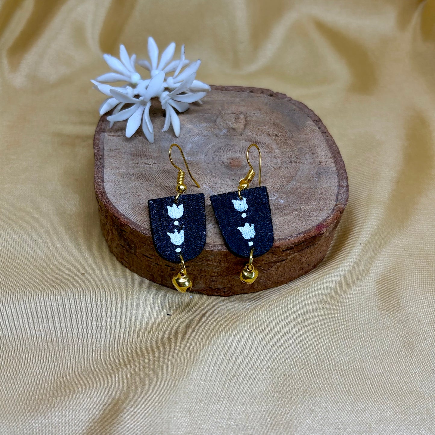 Hand-Painted Black Floral Drop Earrings