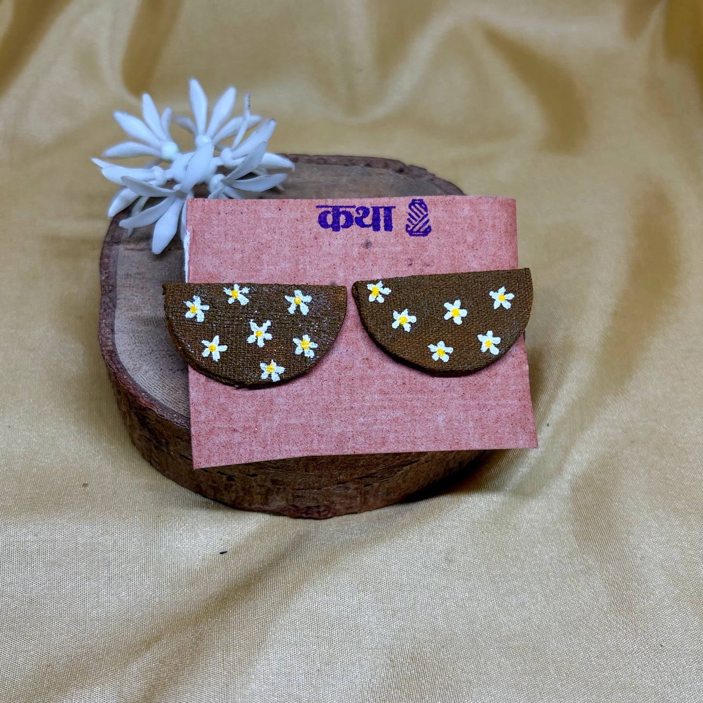 Hand-Painted Beige Floral Scallop Earrings