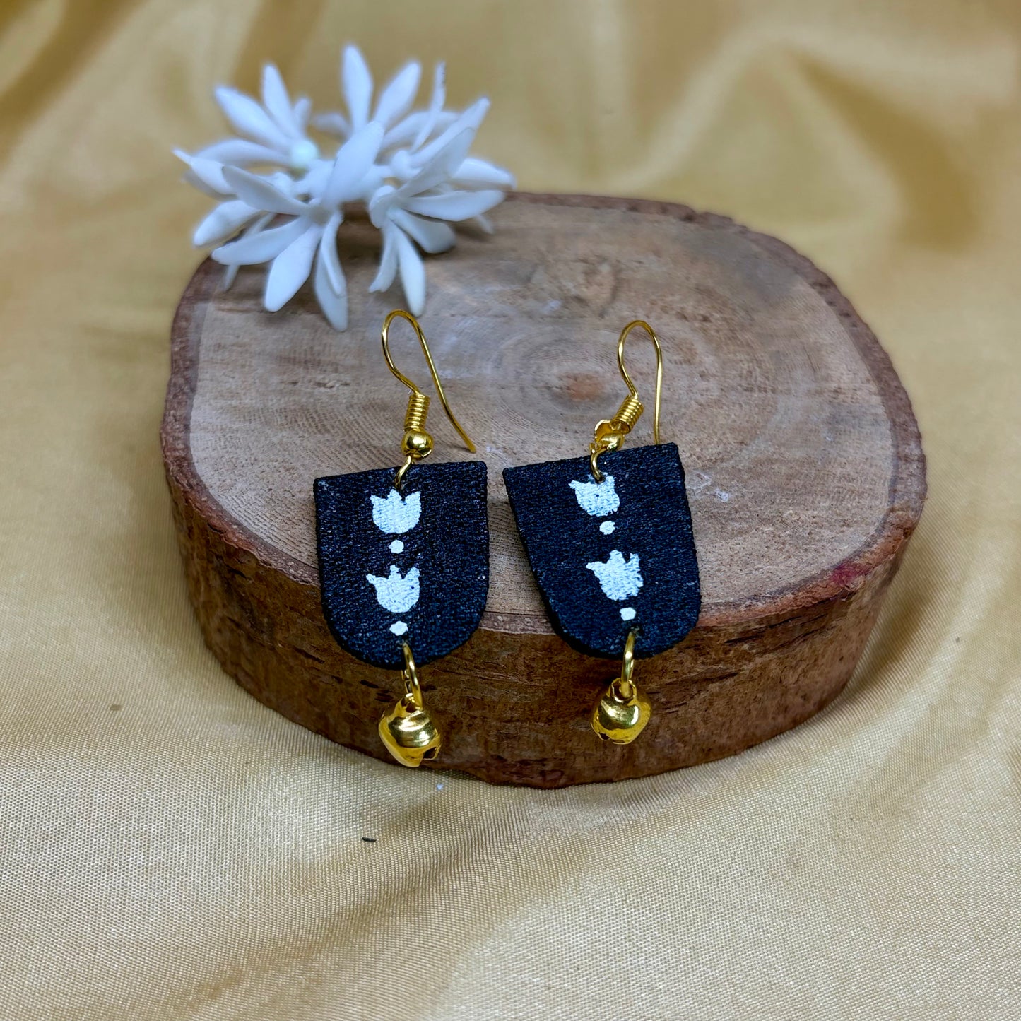 Hand-Painted Black Floral Drop Earrings