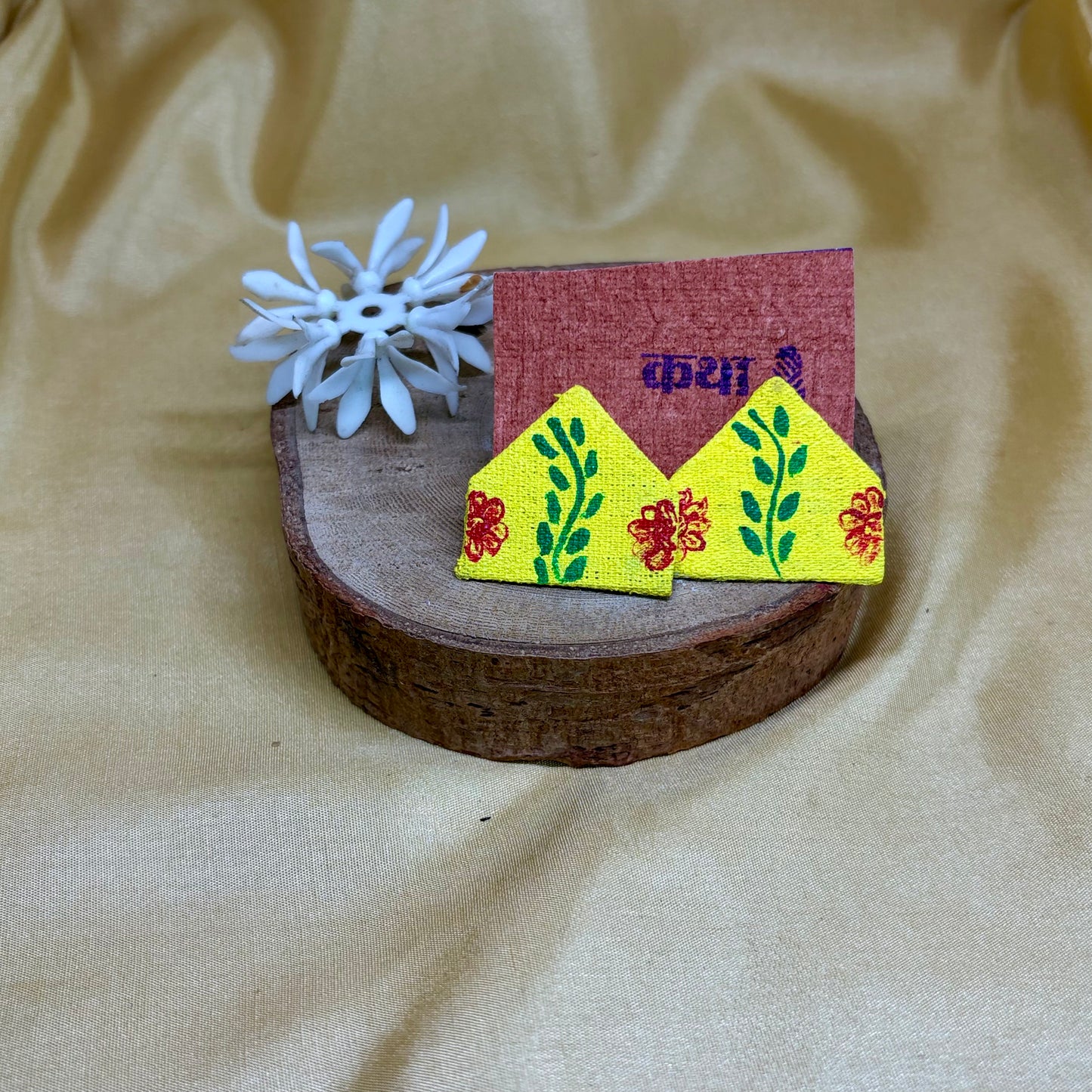 Hand-Painted Yellow Botanical Triangle Earrings