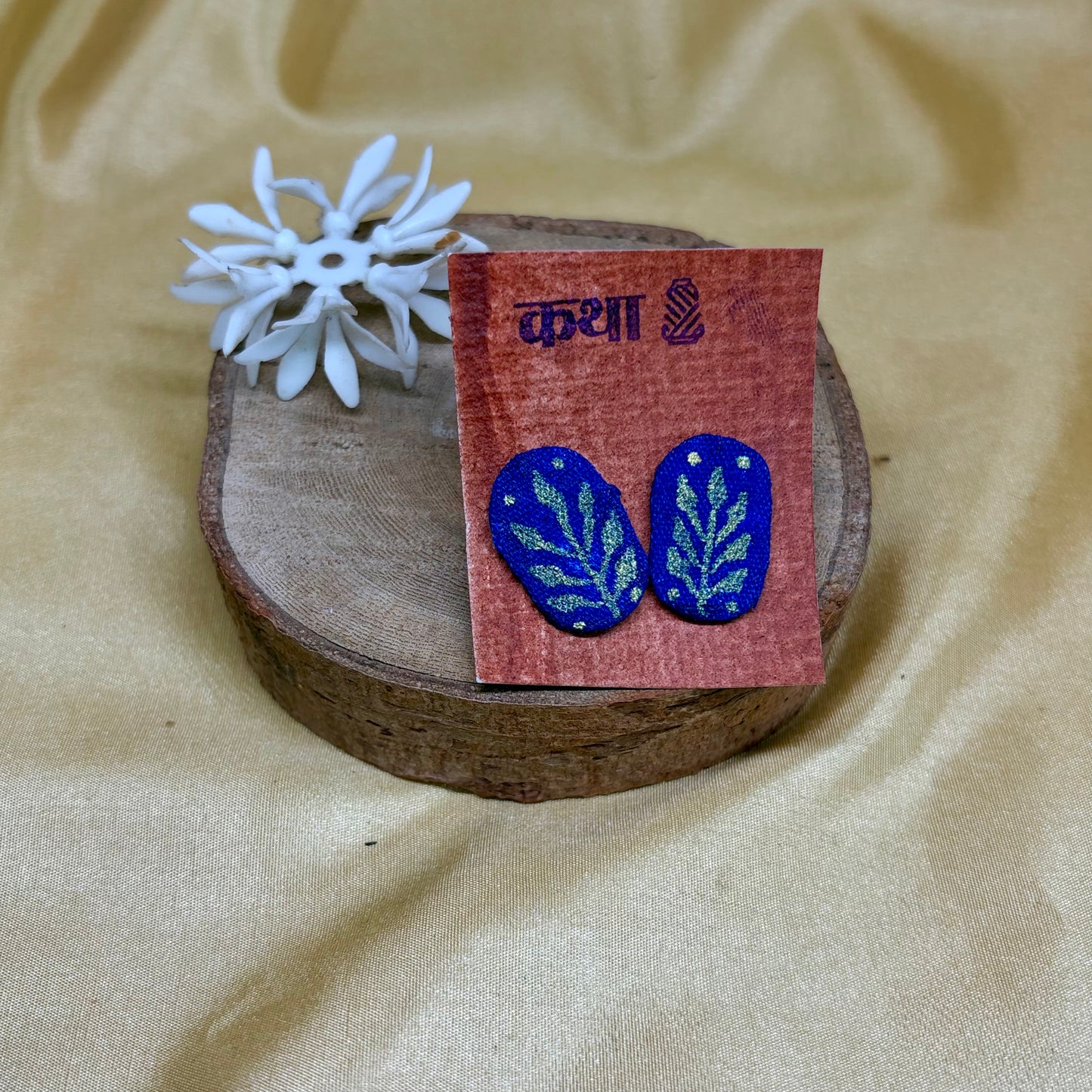 Hand-Painted Blue Floral Oval Earrings