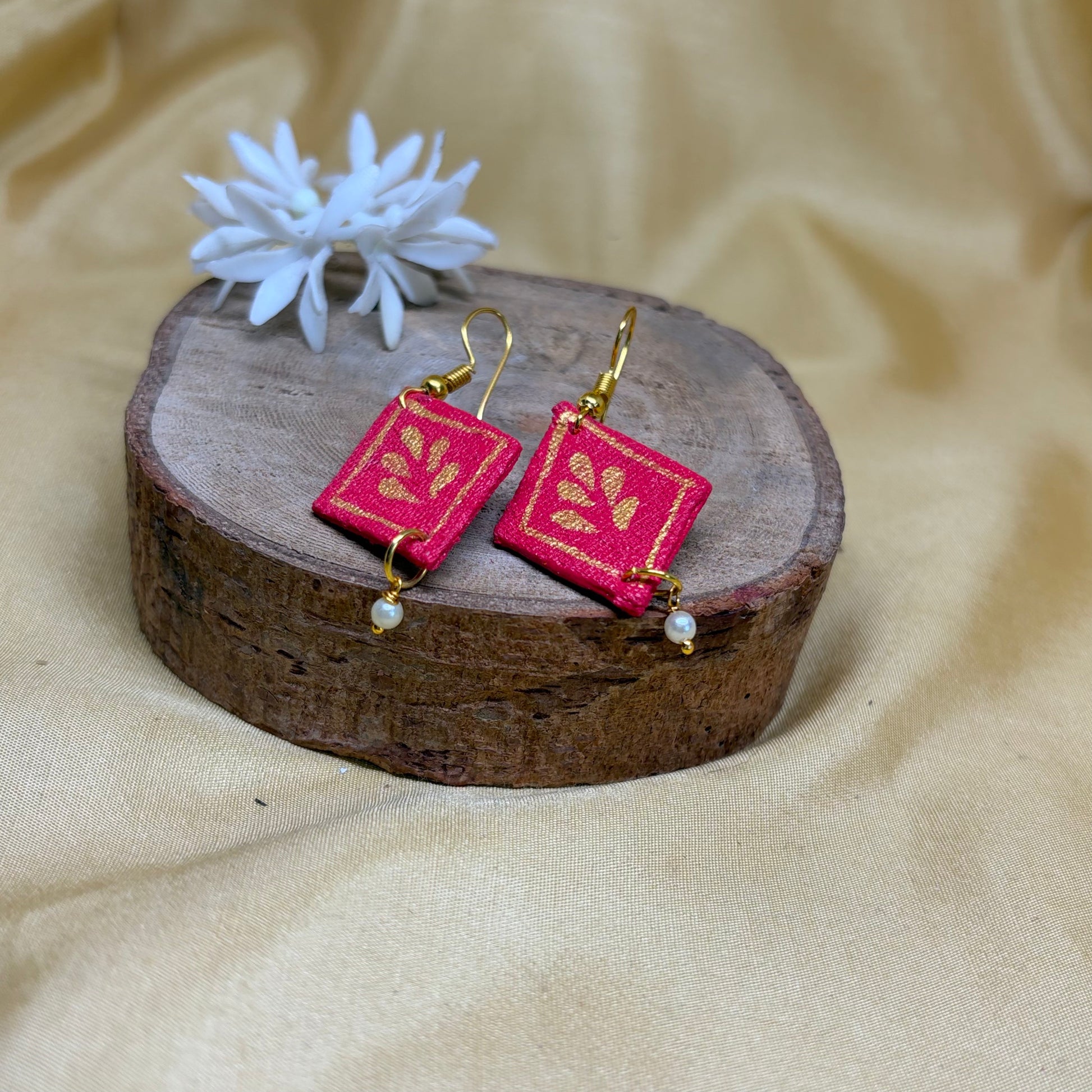 Hand-Painted Pink Botanical Diamond Earrings