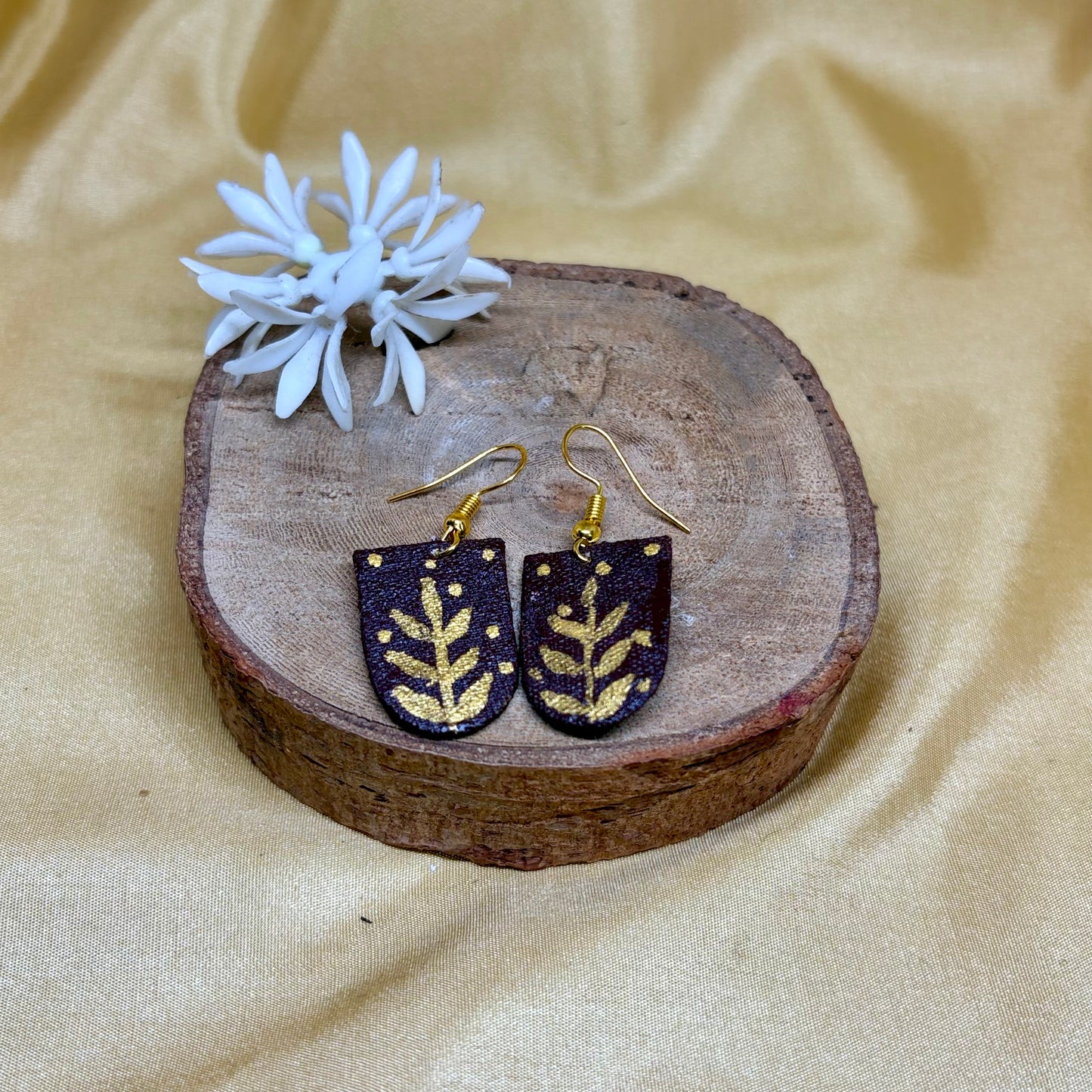 Hand-Painted Brown & Mustard Leaf Earrings