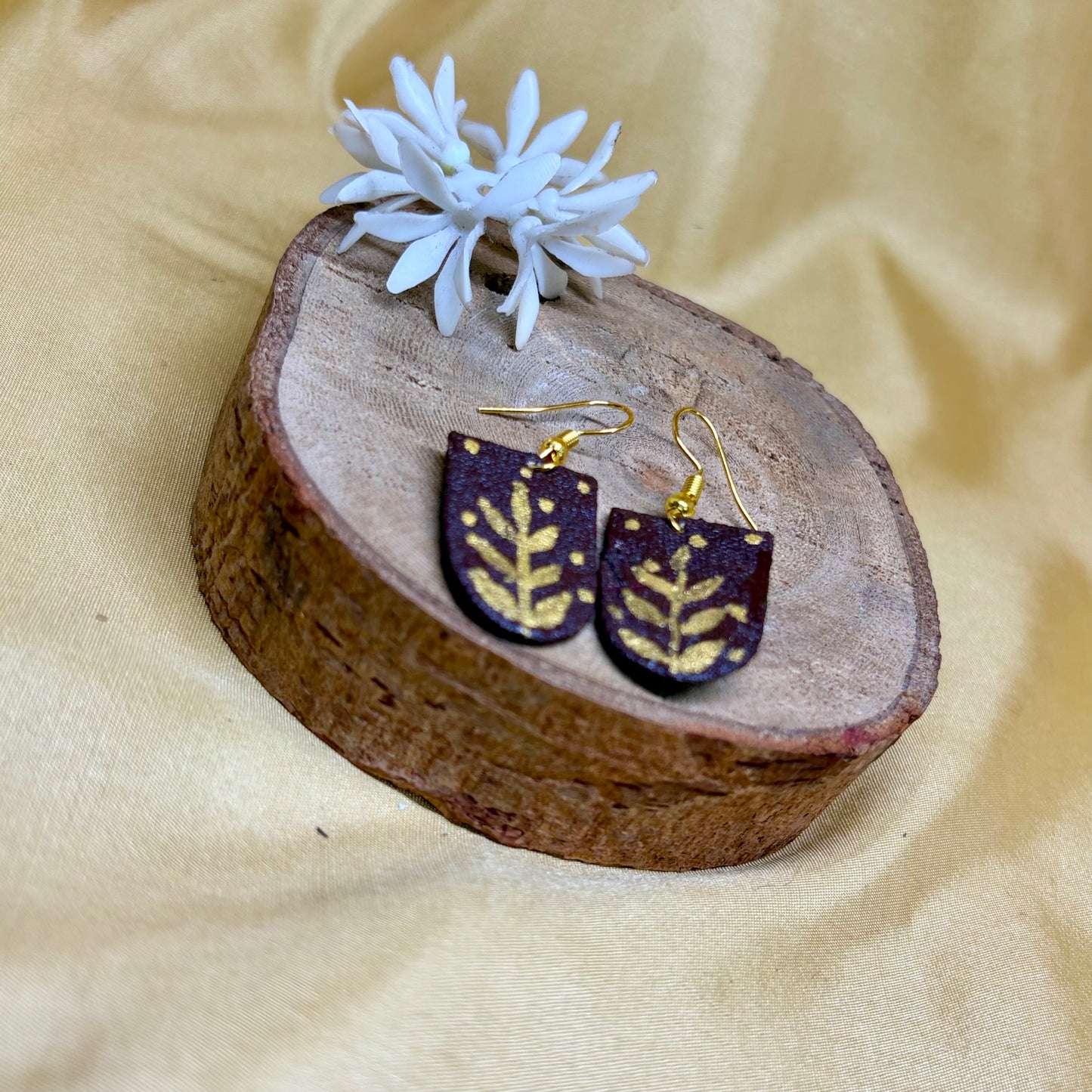 Hand-Painted Brown & Mustard Leaf Earrings