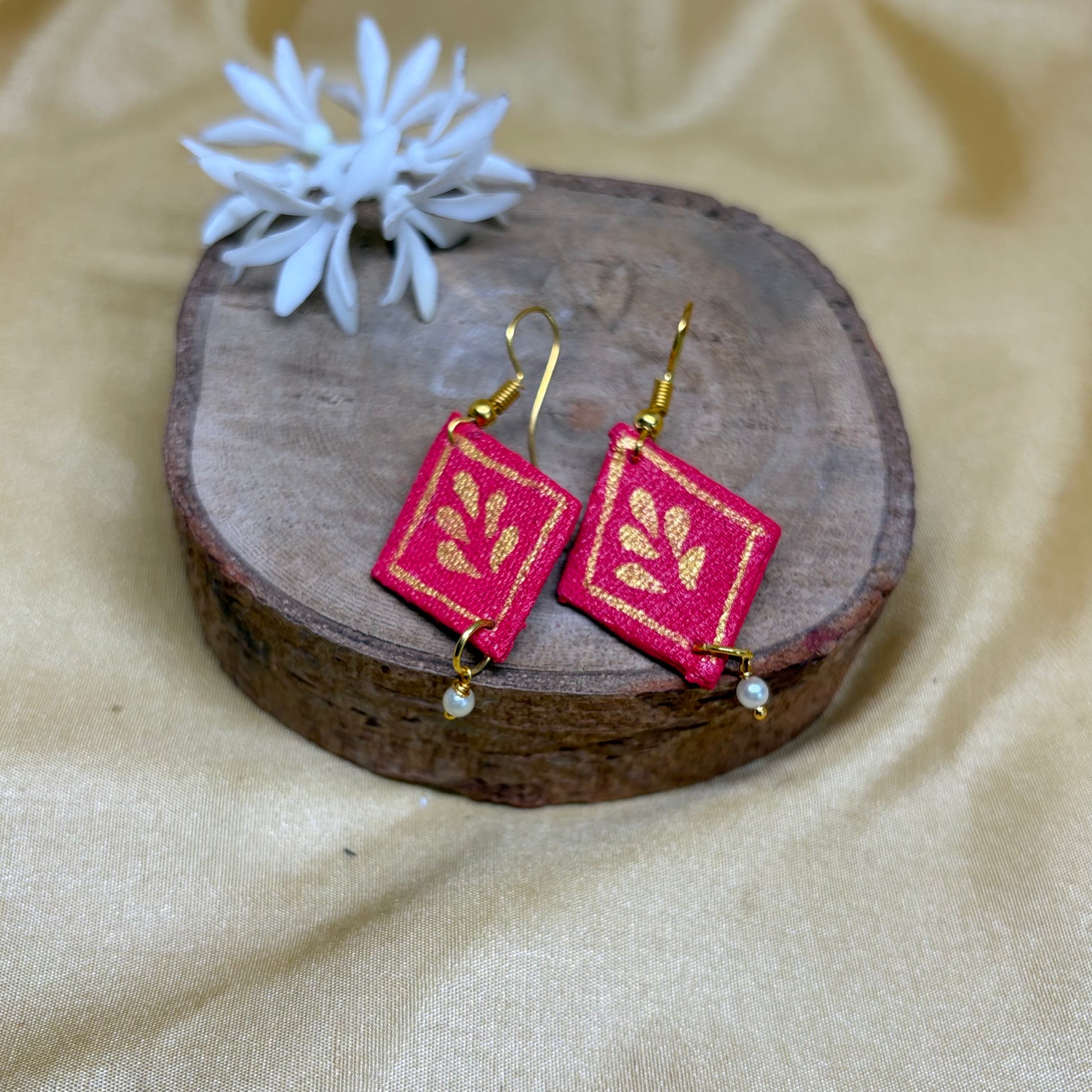 Hand-Painted Pink Botanical Diamond Earrings