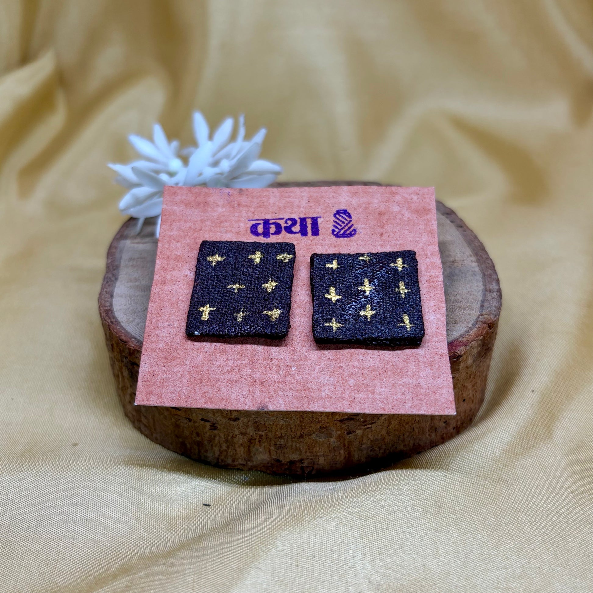 Hand-Painted Brown Floral Square Earrings