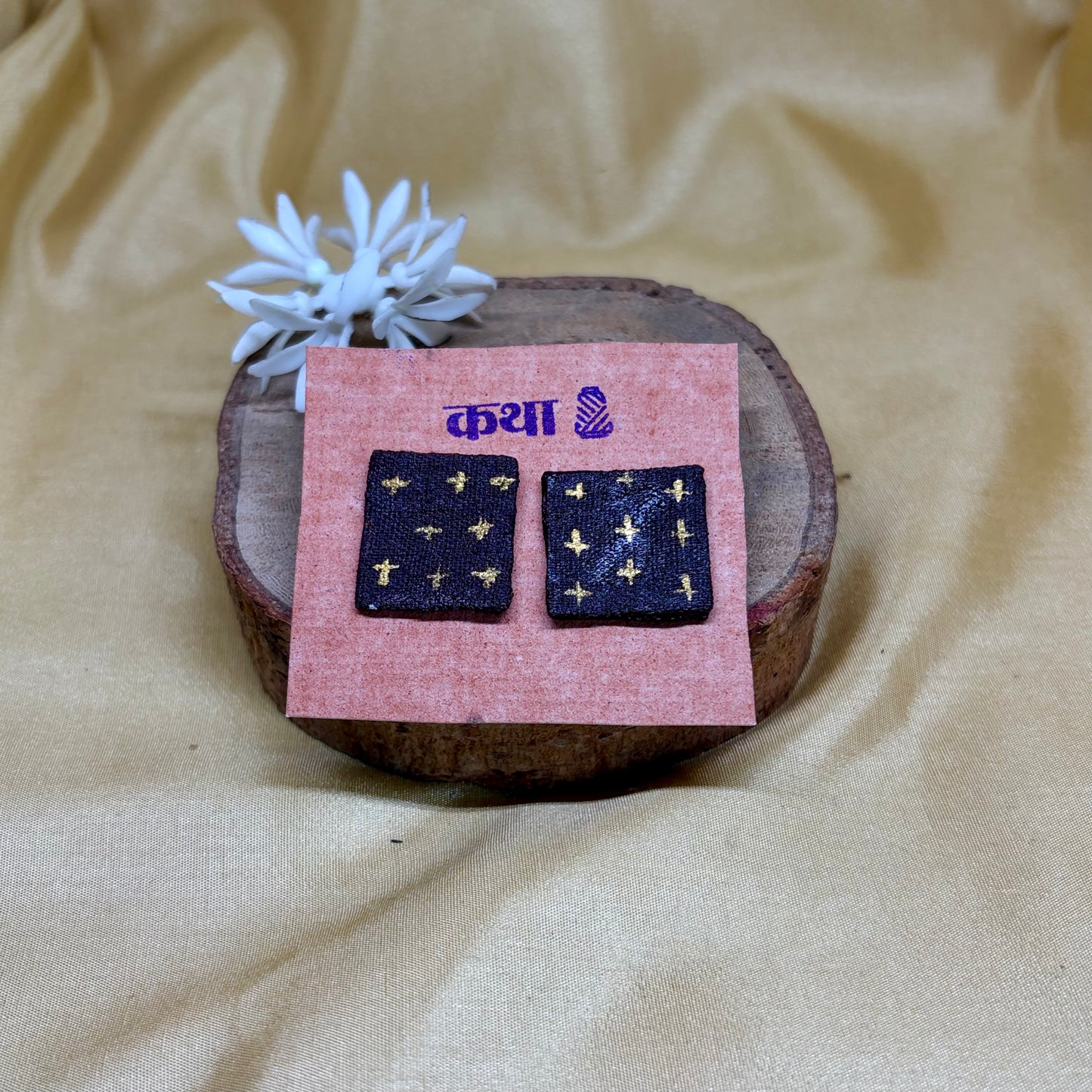 Hand-Painted Brown Floral Square Earrings