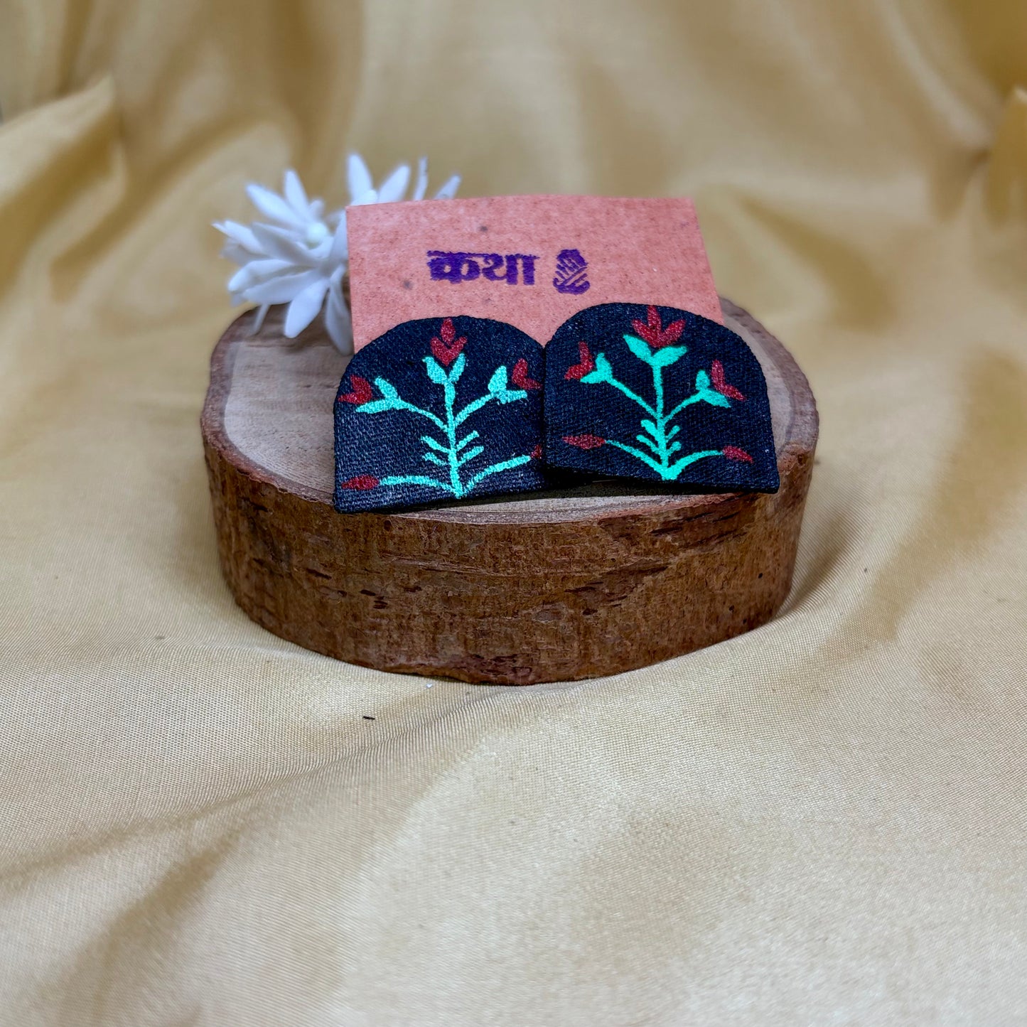 Hand-Painted Black Botanical Half-Moon Earrings