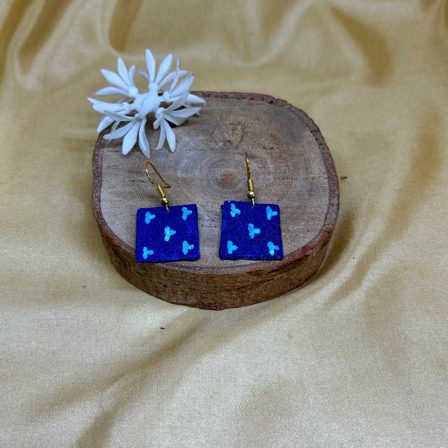 Hand-Painted Blue Floral Bow Earrings