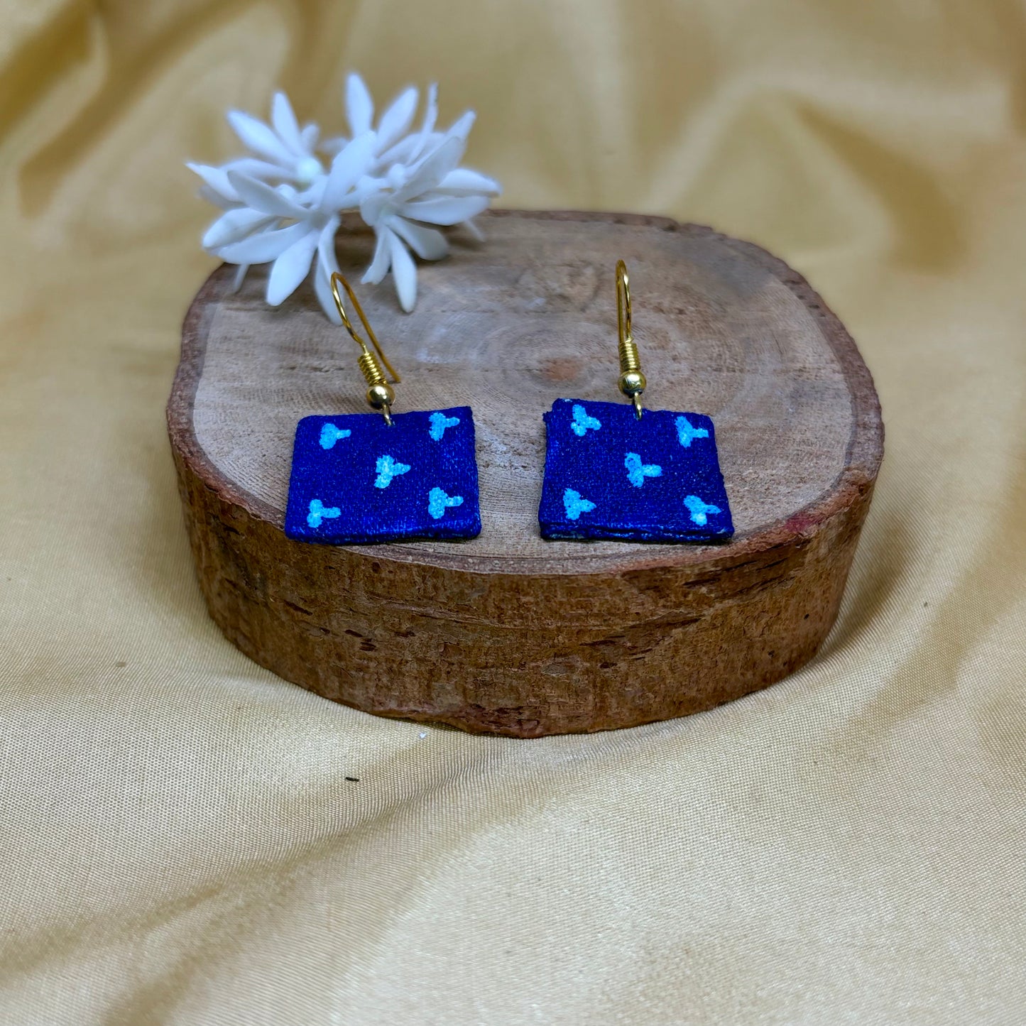 Hand-Painted Blue Floral Bow Earrings