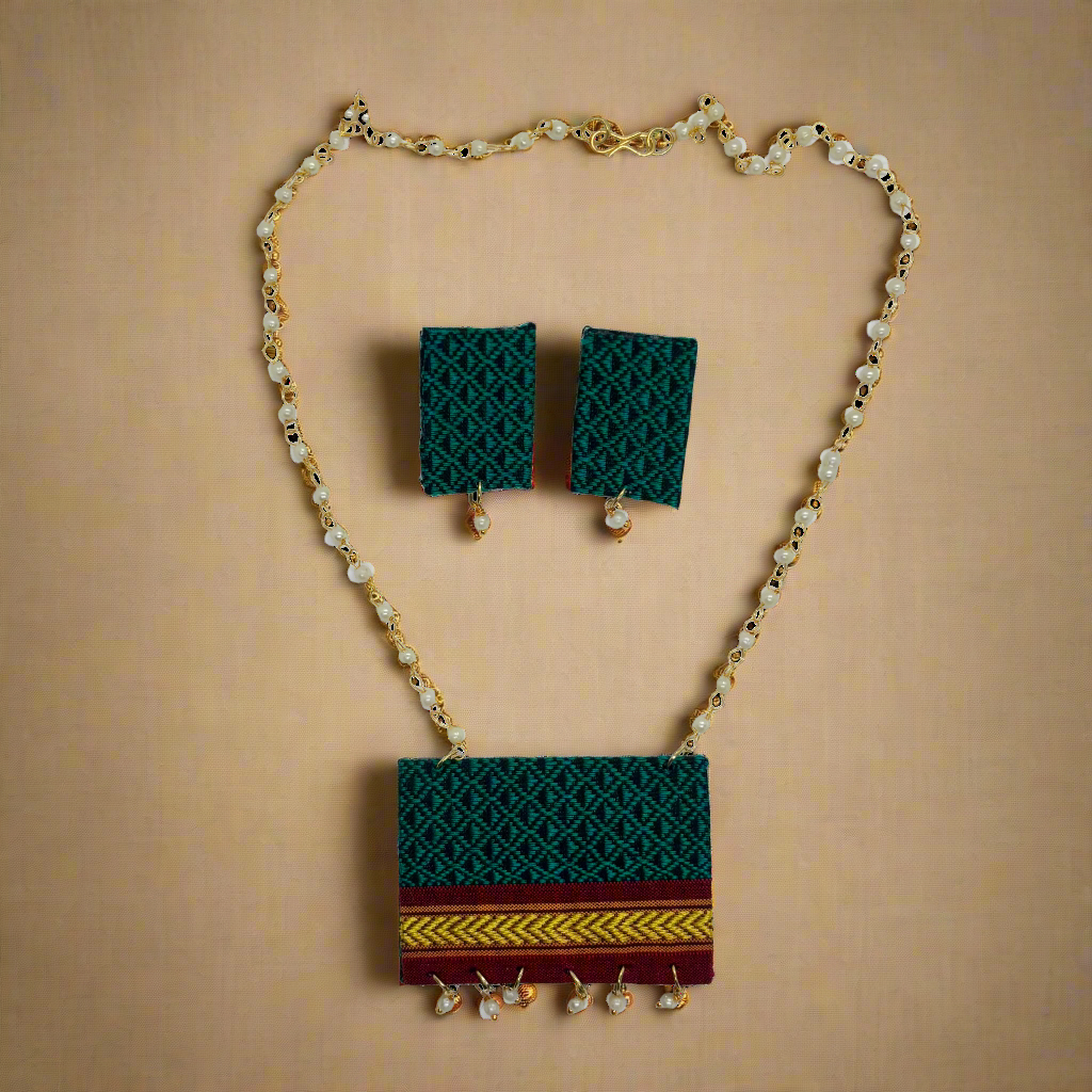 Jewelry set with necklace, earrings, and pouch on a white background